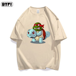 Bandai | Johnny Turtle Ninja Turtles Pok É Mon Co Branded Short Sleeved T-shirt for Men and Women Cosplay Cotton Loose