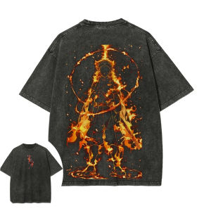 Bandai | Demon Slayer Mens Womens Washed T-Shirt Rengoku Kyojuro Summer Spring Anime Tee Retro Distressed Loose Versatile Short Sleeve