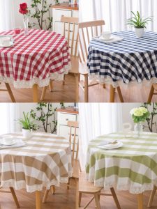 Thickened Cotton Linen round Tablecloth Country Style Checkered Table Cover Nordic Large Circular Cover Cloth for Dining Table