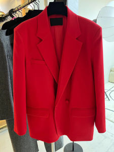 เสื้อสูทผู้หญิงทรงหลวมสีแดง ทรงหลวม แขนยาว ปกเสื้อสูทแบบมีกระดุม ทรงตรง ดีไซน์เก๋ไก๋ เสื้อคลุมกันหนาวผู้หญิงแบบลำลอง