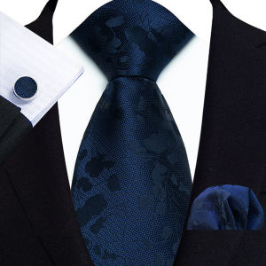 Luxury Navy Royal Blue Mens Tie Hanky Cufflinks Set Jacquard Woven 8cm Necktie for Male Wedding Business Party Accessories Gift