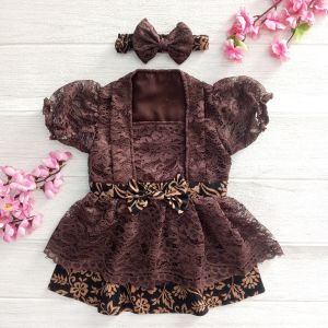 Setelan Kebaya Anak Bayi Perempuan 7 Bulanan Tedak Siten Brukat Batik Dark Coklat Free Bando