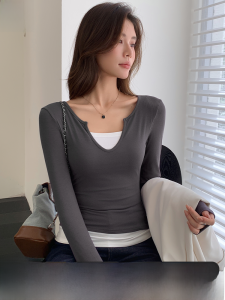 Miiow | Gray Long Sleeve Base Shirt Womens Outerwear Commute Slim Fit Early Autumn Top Casual Style Universal Size Knitted Fabric