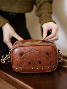 2025 New Cartoon Bear Crossbody Bag Single Shoulder Bag Retro Phone Bag Camera Bag Wide Strap Diagonal Bag PU Leather Leisure