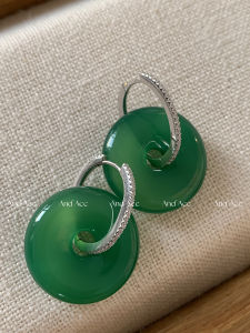 Luxurious Jadeite Green Diamond Embedded S925 Silver Needle Small Niche Womens Earrings Vintage Chinese Style Fashion Jewelry