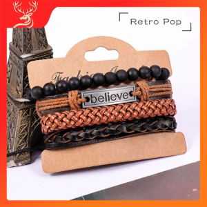 Believe Gelang Pria Wanita Bracelet Couple 4Pcs Set Kulit Sapi Paduan Tali Dikepang Manik-Manik Disesuaikan Gelang Hadiah