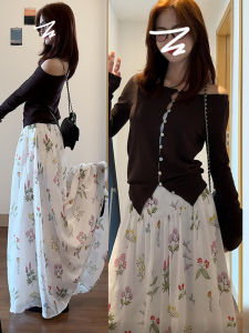American Style Floral Print Knitted Long Sleeve One Shoulder Top And Half Skirt Women Early Autumn Elegant Fashion Set