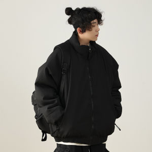 Water Obsidian Holiday Winter Vertical Pattern Stand-up Collar Cotton-Padded Coat Mens Zipper Japanese Loose Ribbon Retro Warm Cotton Coat