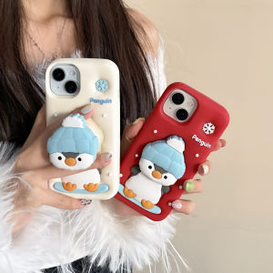 💯【Phone Case】+FREE Shipping 💯Cute 3D Cartoon Penguin Snow Silicone Grip Tok Stand Holder Phone Case For iPhone 16 15 14 13 12 Pro Max Soft Cover