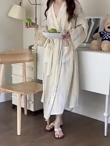 Women Bathrobe Lady Spring Autumn Long Sleeve V-neck Pajamas Girl Student Long Bathrobe Belt Elegant Homewear Pajamas Bathrobe