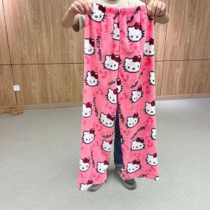 Hello Kitty Pajamas Pants Black Flannel Women Sanrio Kawaii Woolen White Cartoon Casual Home Pants Autumn Fashion Trousers Gifts