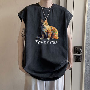 Cotton Sleeveless Tank Top Men Summer Japanese Retro Washed Distressed Loose Trendy Niche Style Waistcoat Fashionable