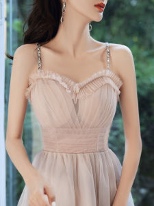 ชุดราตรีสุดหรูสำหรับผู้หญิง ชุดเจ้าสาวสีชมพูหรูหรา เดรสยาวสายเดี่ยว ชุดทำงาน ชุดไปงานปาร์ตี้ ชุดผู้หญิง เดรสยาวปานกลาง