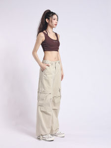 STN กางเกงทรงคาร์โก้ซักด้วยน้ำได้สำหรับสาวอ้วนมีหลายช่องใส่กลางแจ้งกางเกงผู้หญิงดูผอมลากพื้นขากระบอกลำลองขาจั๊มทรงหลวม