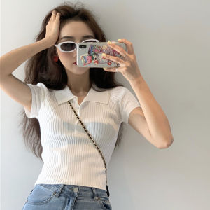 Spicy Girl Short Sleeve Knitted Polo Shirt Womens Summer 2025 New Style Short Length Fashion Milkmaid Top Slim Fit American Casual