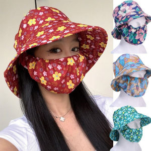 🔥Tiktok 🔥Large Brim Vietnamese Style Fisherman Floral Tea Picking Cap for Summer Cover Face Protection Against UV Sunscreen Mask Breathable Caps Visors