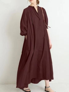 Loose Large Size Shirt Dress Knee-Length Cotton Linen Undergarment Long Sleeve Vintage Style Pure Color A-Line Skirt Dress