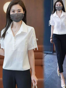 Áo Sơ Mi Nữ Tay Ngắn Dáng Rộng Che Bụng Mùa Hè 2025 Phong Cách Mới Cổ Polo Màu Trơn Chất Liệu Khác Thường