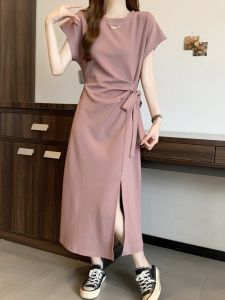 Design Slash Sleeved Waist Slimming Tied Long Dress Size Inclusive