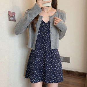 Plus Size Floral V-neck Strap Dress Womens Autumn French Style Plus Size Ladies Waist-Tight Slim Looking Short Skirt Outer Wear Cardigan Suit