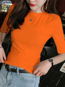 Rose Red Half Sleeve T-Shirt Womens Summer Small Neckline New Arrival Tight Pitaya Color Half Turtleneck Half-Length Sleeve Underwear Blouse