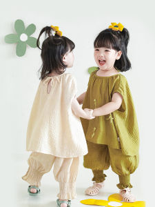 Summer Butterfly Knot Loose Top Baby Girl Set Casual Cotton Blend Fabric Pure Color Wide Leg Pants Cute Childrens Outfit