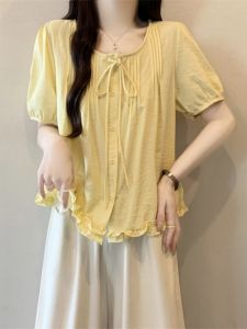 French Fluffy Sleeve Slimming Design Short Sweet Blouse