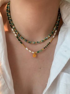 สร้อยคอรูปทรงเรขาคณิตประดับมุกน้ำจืดสีเขียวสำหรับผู้หญิง สร้อยคอโซ่กระดูกไหปลาร้าสไตล์ไฮเอนด์ แฟชั่นฤดูใบไม้ร่วง/ฤดูหนาว