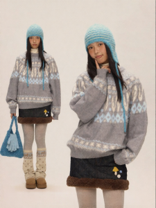 JNXS | Áo Sweater Knit Cổ Tròn Form Rộng Phong Cách Retro