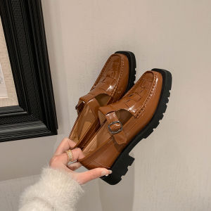 Spanish Niche Style H Home Vintage Weave Platform Loafers Female Square Toe Genuine Leather T Shape with Small Leather Shoes Chunky Heel Flats