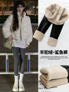 Gray Fleece Lined Sharkskin Yoga Pants High Waist Thickened Womens Bottoming Trousers Casual Long Pants Polyester Spandex