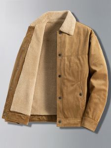 ROMON | Lormen Mens Lamb Velvet Jacket Thickened Warmth Fur Collar Autumn Winter New Style Mid-aged Dad Clothes Cotton Coat
