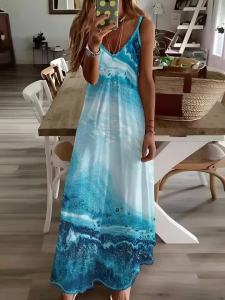 Printed Design Blue Abstract Ocean Waves Pattern Four Seasons elegant style casual style sling dress