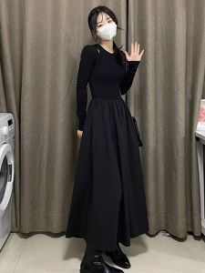 Hepburn Wind Black Long Sleeves Dress Womens Autumn Small Fancy Temperament Waist-Controlled Slimming Inner Wear Bottoming Skirt