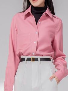 เสื้อเชิ้ตแขนยาวผู้หญิงสีชมพู กันหนาว สไตล์เกาหลี ทรงตรง ปกโปโล กระดุมหลายตัว ผ้าฝ้ายผสมโพลีเอสเตอร์