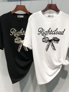 Áo Thun Tay Ngắn Dáng Rộng Mùa Hè Mới Về Họa Tiết Ren Thắt Nút Bướm in Họa Tiết Thời Trang Màu Trắng Cotton Pha Polyester