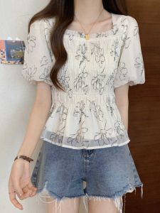 Áo Sơ Mi Voan in Hoa Cổ Vuông Tay Ngắn Ôm Eo Phong Cách Pháp Ngọt Ngào Mùa Hè 2024 Áo Thun Nữ Tay Ngắn Xếp Ly