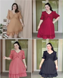 YD Dress ผ้าร่องรัดโบว์ระบายหน้าหน้าอก38-52นิ้ว ไซส์ใหญ่