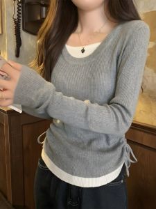 เสื้อสเวตเตอร์ถัก 2 ชิ้นปลอม ทรงเข้ารูป สีเทา ดีไซน์เก๋ไก๋ สำหรับผู้หญิง ช่วงฤดูหนาว เสื้อเชิ้ตถัก เสื้อเชิ้ตคอกลม แขนยาว