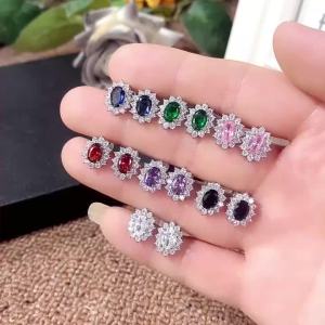 Huitan Full Zircon Stud Earrings for Women Blue/Purple/Red/Pink/Black/White/Green Oval CZ Wedding Trend Female Luxury Jewelry