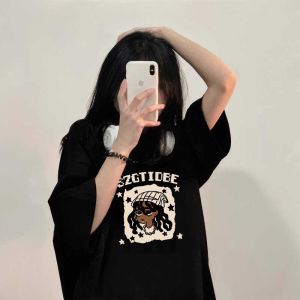 American Retro Black Shoulder Pure Cotton Short Sleeve T-Shirt Women Summer Design Loose Slimming Top Korean Style round Neck