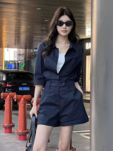Casual Style Workwear Polo Neck Overall Pants Women Commute Slimming Versatile Waist Cinched Wide Leg Short Dress Pants