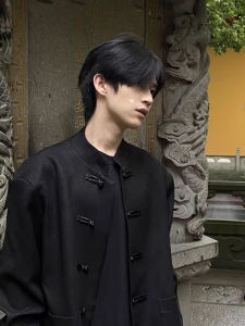 New Chinese Style Mens Black Jacket Collar Buttoned Coat Retro Tang Suit Casual Long Sleeve Youth Fashion Anti-Wrinkle Polyester