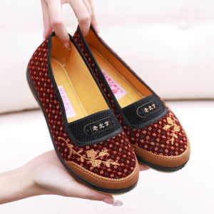 Spring and Autumn Style Traditional Beijing Cloth Shoes for Elderly Women Soft Sole Anti-Slip Casual Plaid Shoes Flat Heel