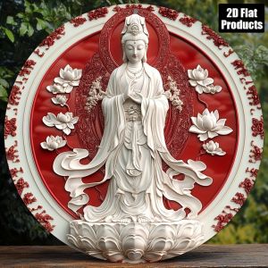 Metal Wall Art White Red Guanyin Lotus Round Sign Exquisite Craft Aluminum Iron Painting for Home Office Bar Decor