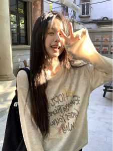 Laid-back Style Long Sleeve T-shirt Womens round Neck Letter Print Cover up Summer Korean Loose Casual Sun Protection Top