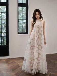 สไตล์ฝรั่งเศส ลูกไม้ งานแต่งงาน เดรส เพื่อนเจ้าสาวแบบแขวนคอ กระโปรง พิธีหมั้นแบบตัดเย็บขนาดเล็กแบบเปลือยกลวงออก