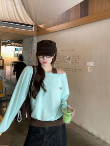 Slant Shoulder Embroidered Spliced Faux Two-piece Sweater Loose Matching Small-sized Wear