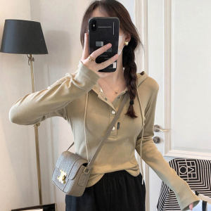 Womens Hooded Long Sleeve T-Shirt Slim Fit Short Style Base Shirt Trendy Sweatshirt Autumn Fashion Commute Pure Color Button Detail