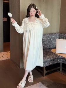 Oversized Woman Sleepwear Spring Summer New Style with Breast Padded Cloud Cotton Long Sleeved Nightdress Sweet Princess Style Plus Size Home Clothing